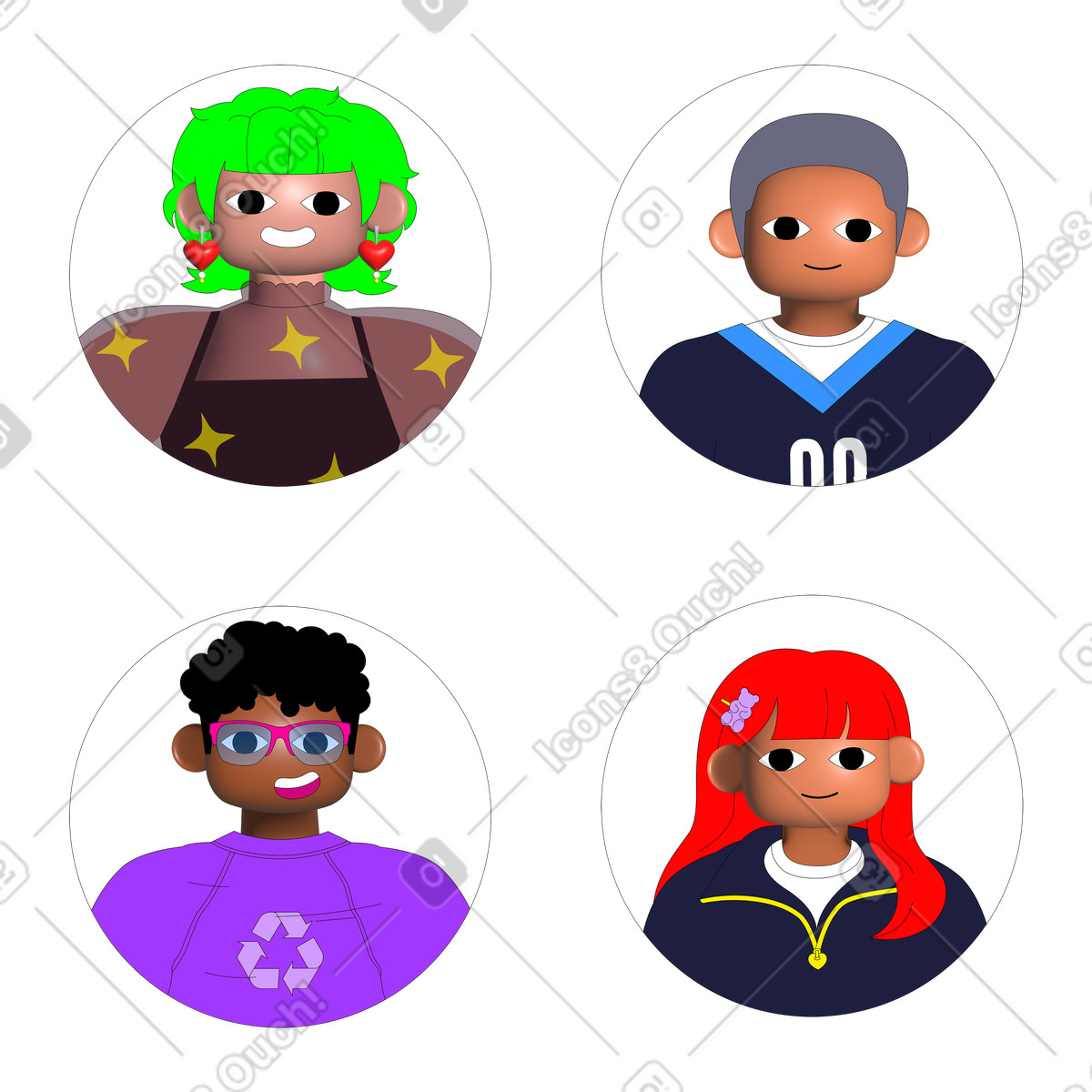 Pop 스타일의 Colorful headshots in circles, Set of social media profile pictures 일러스트레이션 PNG, SVG 다운로드