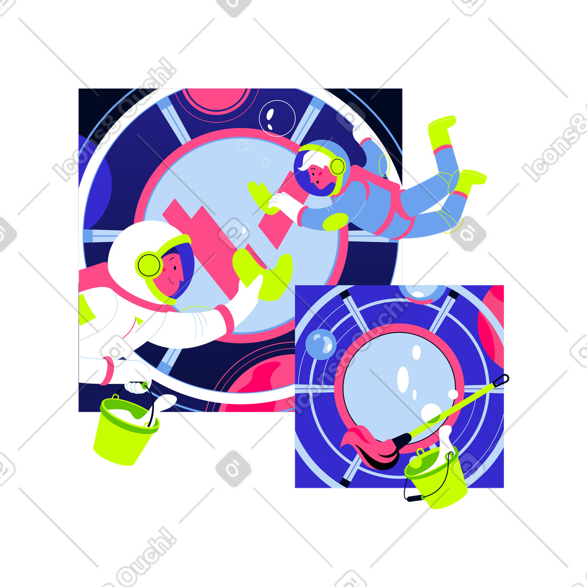 Astronauts cleaning spaceship window with checkmark, Delete confirmation concept-Illustration im Space-Stil als Download in PNG, SVG
