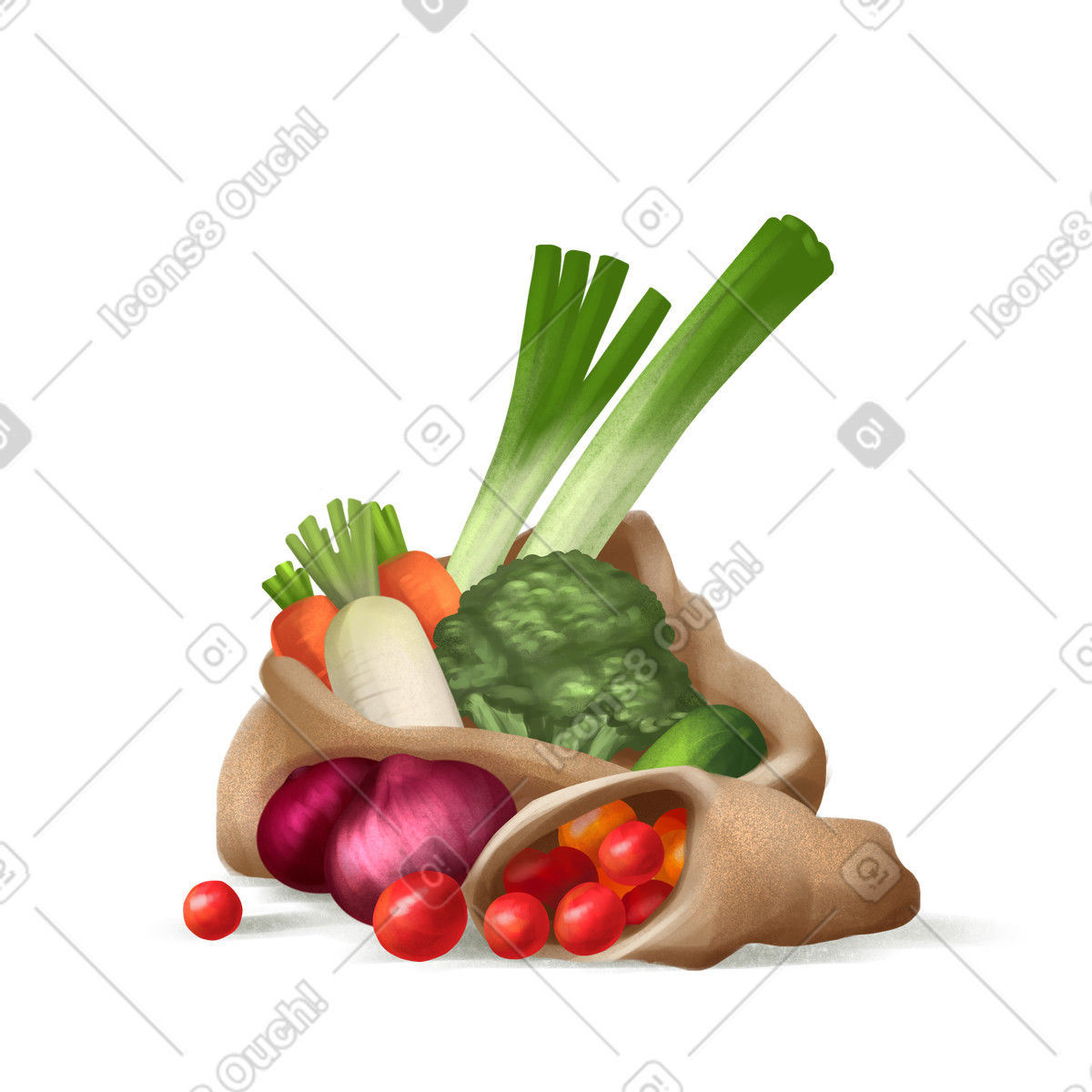 Ilustración Burlap bags with fresh vegetables en estilo Demure a descargar en PNG y SVG