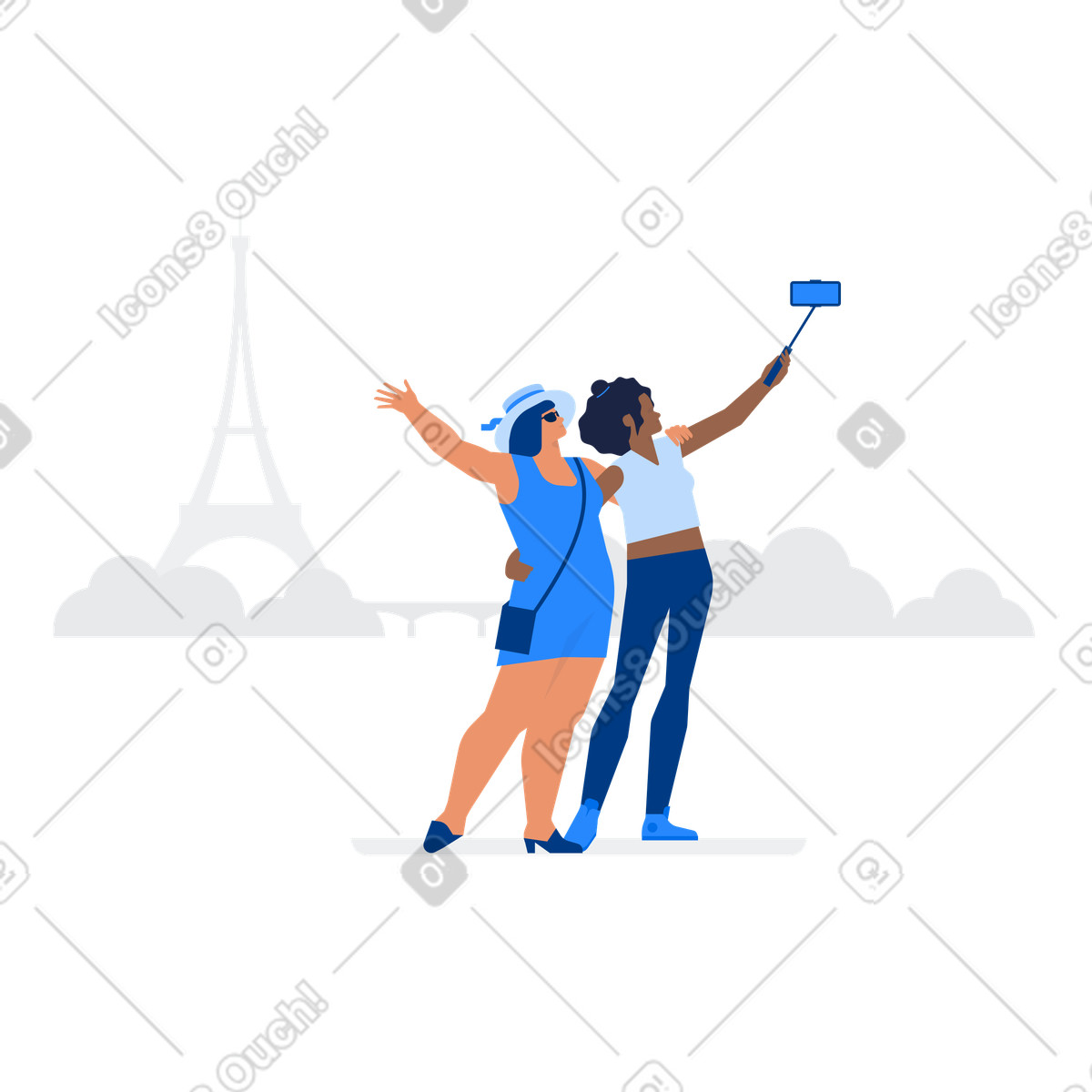 Female tourists taking selfie in front of Eiffel Tower illustration in PNG, SVG