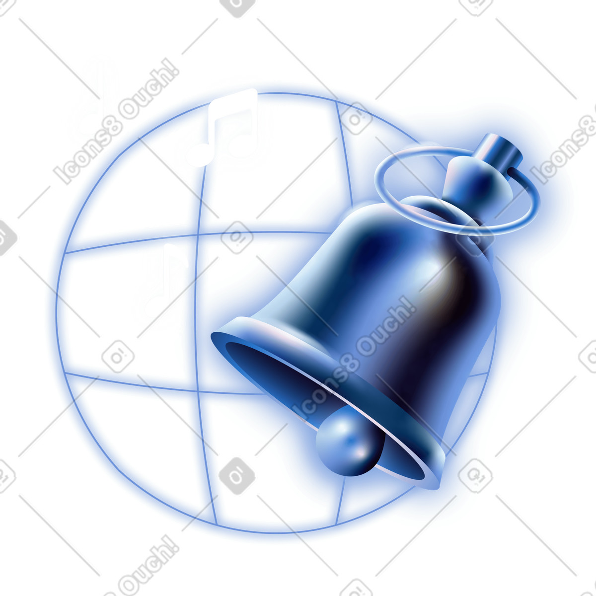 Blue bell icon over wireframe globe, digital alert and reminder illustration in Dimension style download in PNG, SVG