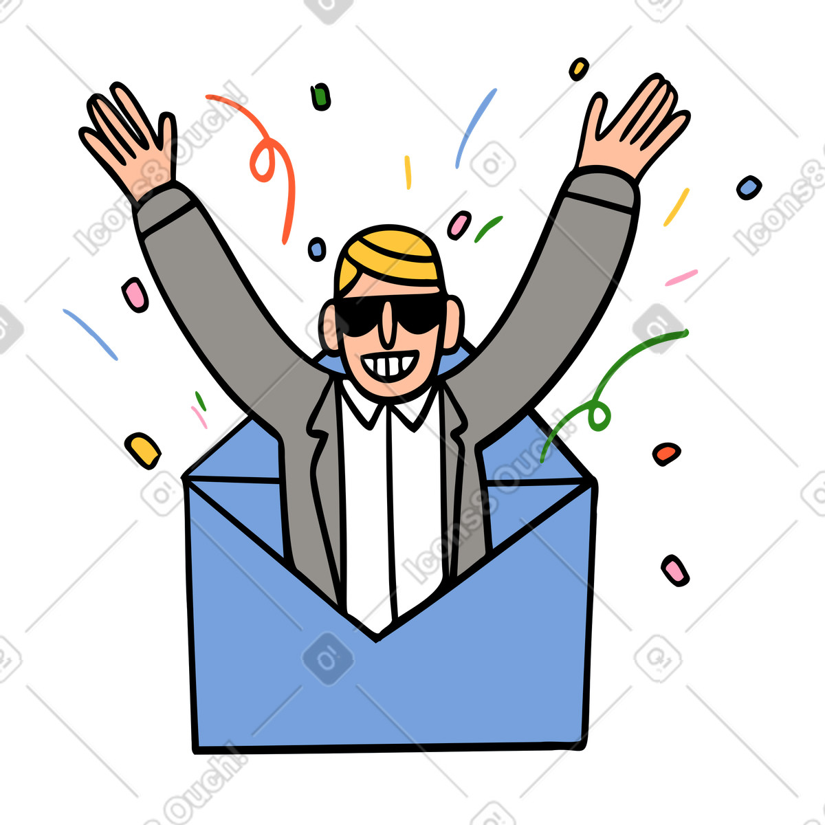 Man jumping out of congratulation or invitation letter illustration in Comic style download in PNG, SVG