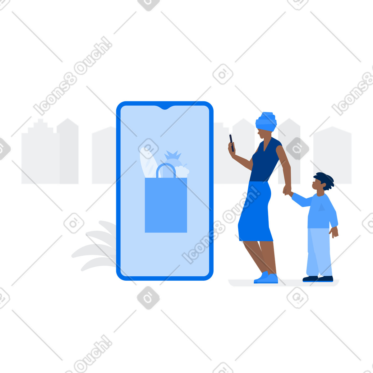 Woman in turban with her son does online grocery shopping illustration Urban style download PNG, SVG
