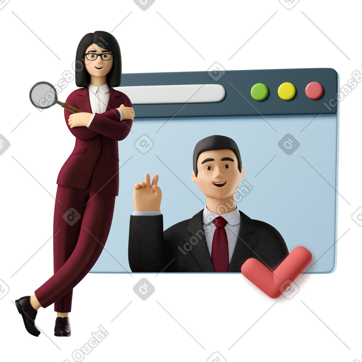 Reclutatrice di donne che si appoggia sulla finestra del browser con l'uomo mostra il segno v all'interno illustrazione in stile 3D Business scarica in PNG, SVG