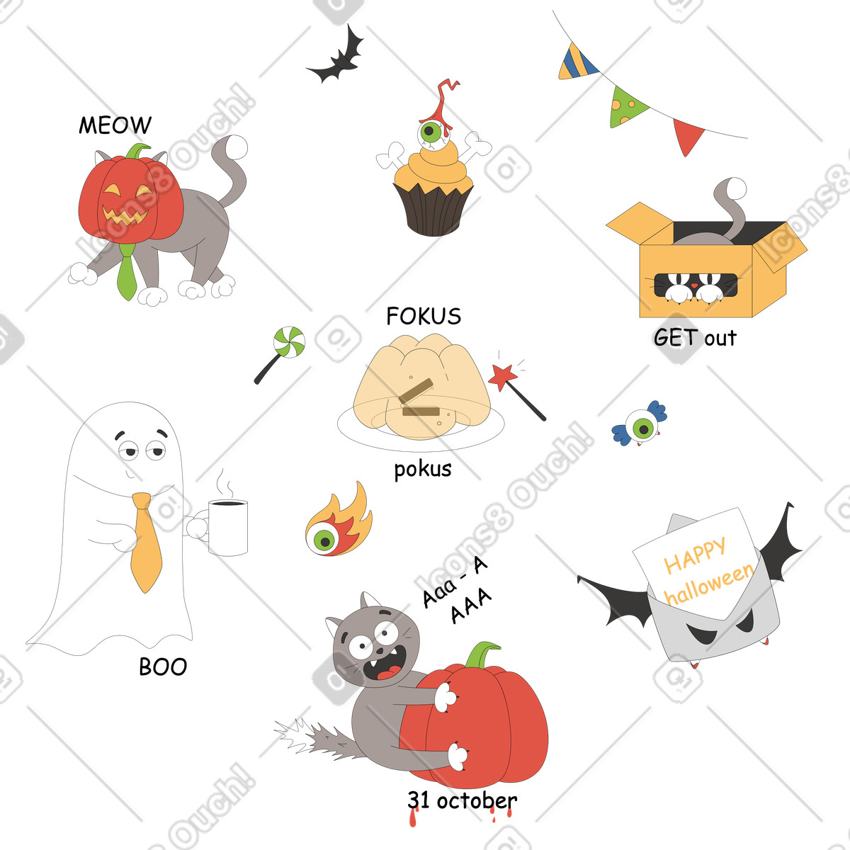 下载 Sitcom 风格的 带有猫和鬼的万圣节贴纸包 插画，支持 PNG、SVG 格式