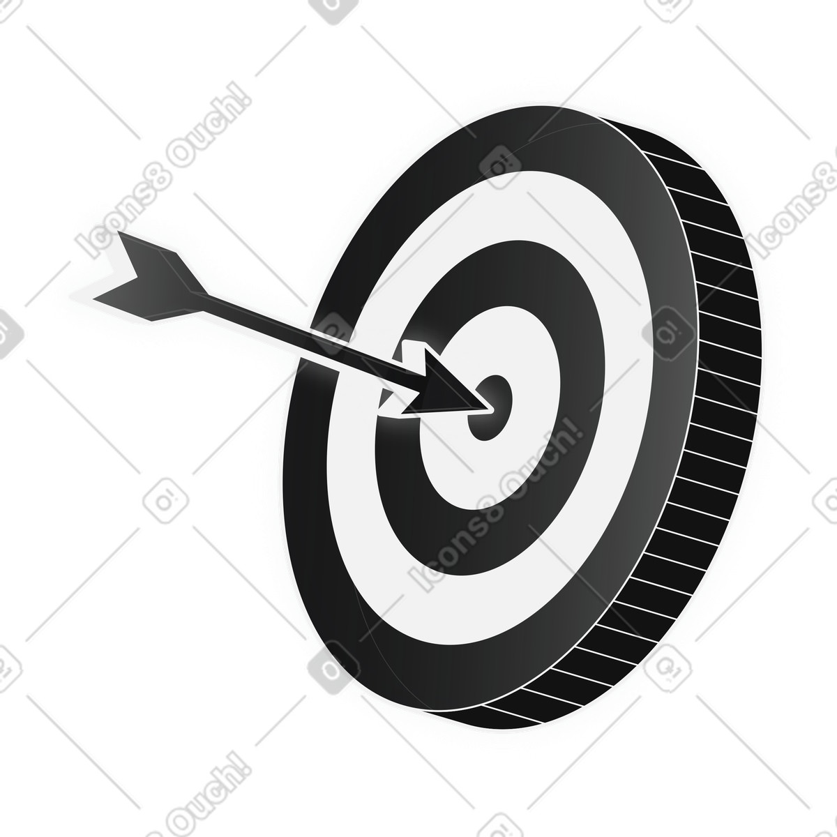 Bullseye on monochrome dartboard, accuracy and KPI tracking illustration in Inverse style download in PNG, SVG