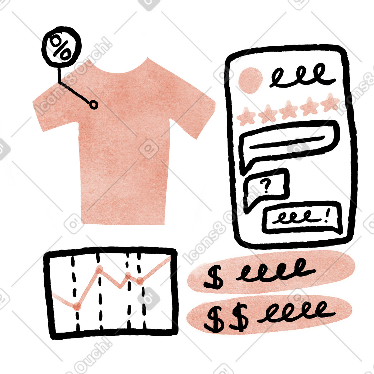 Ecommerce shirt price comparison with rating stars and feedback bubbles-Illustration im Anthropic Claude Hand Drawn-Stil als Download in PNG, SVG
