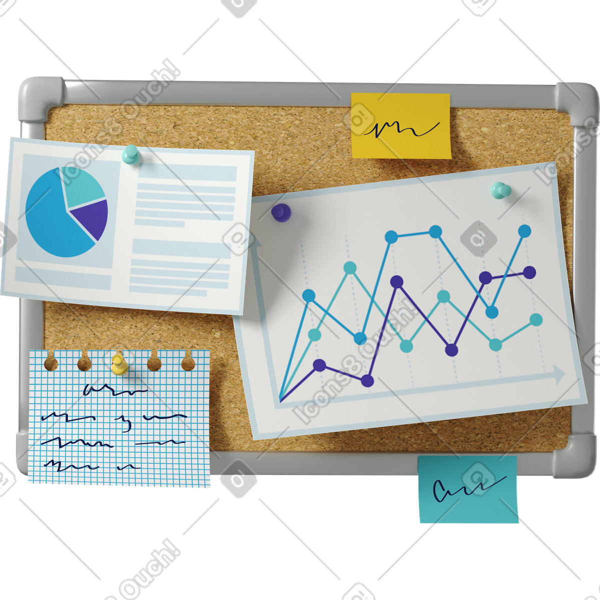 Pinnwand mit statistiken und notizen-Illustration im 3D Business-Stil als Download in PNG, SVG