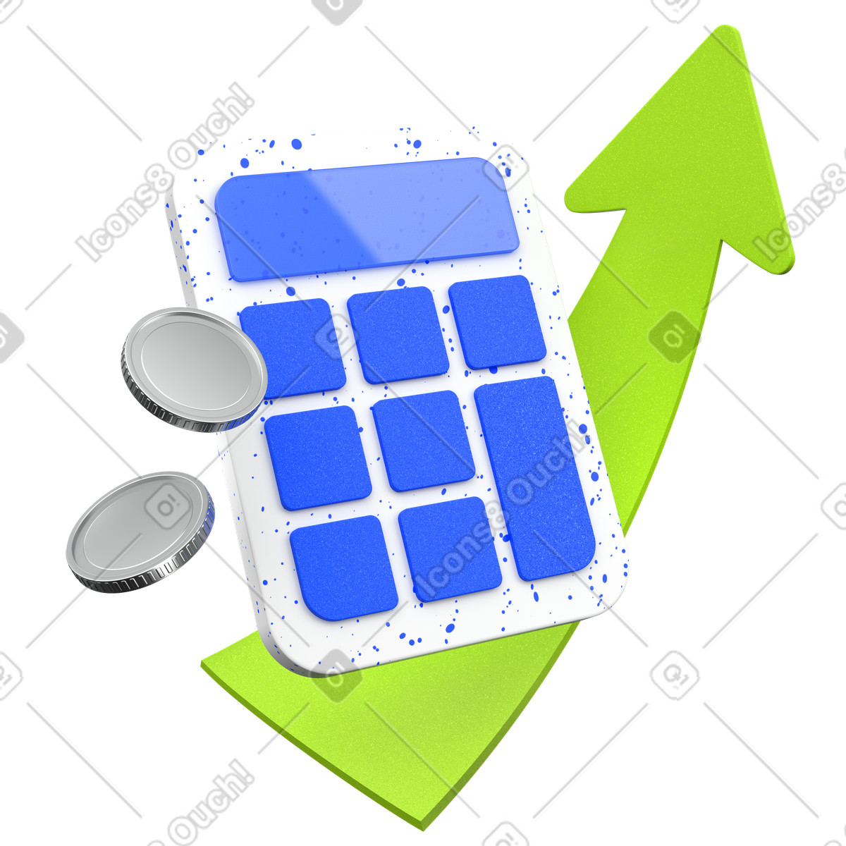 Ilustración Calculadora con flecha hacia arriba y monedas en estilo 3D Enterprise a descargar en PNG SVG