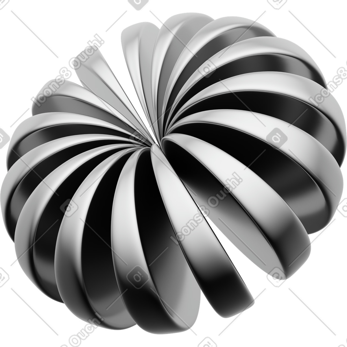 Silver radial spherical object, metallic turbine shape, abstract geometric flower illustration in 3D Playful style download in PNG, SVG