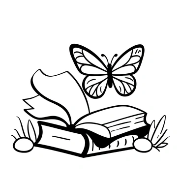A butterfly with intricate wing patterns landing gently on an open book. The pages of the book are fluttering softly in the breeze, creating dynamic movement. The book is resting on a wooden table, with a few scattered leaves around it. The setting suggests a calm outdoor environment, with hints of grass and a blurred background to indicate nature.