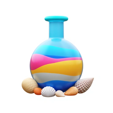 A decorative flask filled with layers of colorful sand. Tiny seashells are placed around the base of the flask. The sand inside the flask features vibrant shades of blue, pink, and yellow. The seashells include various types, such as spiral and flat shapes, showcasing intricate textures. The overall composition creates a beach-themed arrangement.