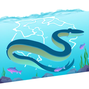 An electric eel with a streamlined, elongated body is swimming gracefully through clear water. Its skin is a mix of dark blue and bright yellow tones, shimmering as light filters through the surface. The eel is coiling its body, and arcs of electric energy are visibly radiating around it, creating a striking blue glow that illuminates the surrounding water. Small fish nearby are startled, caught in the ripple of the electric field being generated, while bubbles rise from the eel's movement. The background features an underwater landscape with rocks and plants swaying gently with the current.