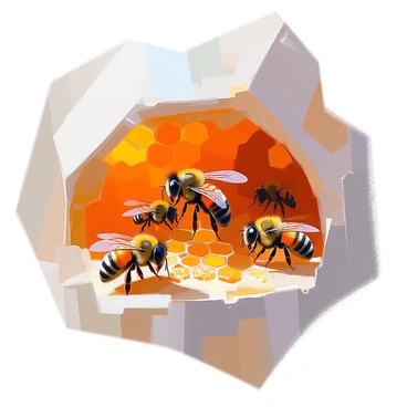 A close-up view of a group of bumble bees collaborating inside a honeycomb hive. The bees are depicted in various positions, some busy gathering pollen and nectar, while others are tending to the brood. The hive is textured with hexagonal cells filled with a golden substance. The bees have distinctive black and yellow stripes, with soft, fuzzy bodies. The warm glow from the honeycomb highlights their delicate wings and intricate details of their bodies as they work harmoniously in their community.