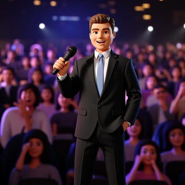 A charismatic TV show host with short brown hair and a stylish suit stands confidently in front of a live audience. He holds a black microphone in his right hand while flashing a bright smile. The audience is seated in rows, visibly engaged and reacting with enthusiasm. The background features bright stage lights that create a lively atmosphere.