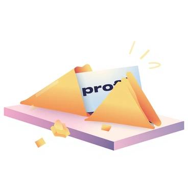A fortune cookie is placed on a wooden table, slightly cracked open. The golden-brown shell of the cookie reveals a small white slip of paper inside. The paper has the word "profit" printed in bold black letters. Tiny fragments of the cookie are scattered around the base, and soft lighting highlights the texture of the cookie's exterior. The background is blurred to keep the focus on the fortune cookie and its message.