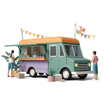 A colorful vegan food truck, painted in vibrant shades of green, orange, and purple, is parked amidst a variety of lush, tropical plants. The truck features large windows with a menu displayed prominently, showcasing a range of vegan dishes. Surrounding the truck are potted plants and hanging greenery, enhancing the eco-friendly atmosphere. Brightly colored flags and banners are attached to the truck, fluttering in the breeze. The ground is adorned with wooden crates and recycled materials, adding to the rustic decor. The scene is lively, with a few customers admiring the menu and waiting in line, creating a sense of community.