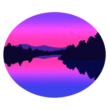 A landscape at twilight with a sky displaying raspberry hues. The colors reflect beautifully on a calm lake, creating a mirrored effect. Silhouettes of trees line the shore, and the surface of the water is smooth, capturing the vibrant colors above. Small ripples occasionally disturb the reflection, adding a touch of movement to the scene.