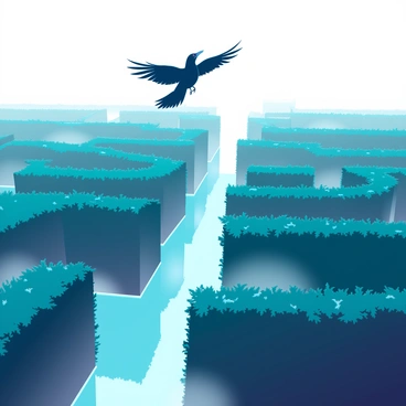 An endless hedge maze shrouded in mist, with a single crow flying overhead