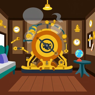 A room filled with intricate steampunk machinery featuring a large time machine at its center. The time machine is adorned with numerous brass gears, pipes, and gauges, all interconnected. Steam rises from various vents, creating a misty atmosphere. The walls of the room are lined with dark wood panels and eclectic artifacts, including old clocks and mechanical devices. A vintage globe sits on a side table, illuminated by a warm, golden light from a hanging lantern above. The floor is made of dark oak, adding to the overall industrial feel of the space.