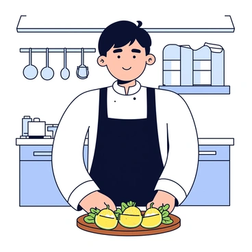 A chef wearing a white uniform and a black apron stands in a professional kitchen. The chef has short black hair and a focused expression. In front of the chef is a wooden serving board displaying an artful dish. The dish features durian as the main ingredient, presented in an elegant manner. Surrounding the durian are vibrant green herbs and a drizzle of sauce, adding color contrast. The kitchen is equipped with stainless steel appliances and utensils hanging in the background.