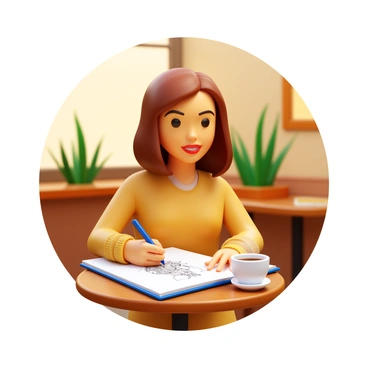 A woman with medium-length brown hair is sketching in a notebook while sitting at a small round wooden table. She is wearing a comfortable sweater and has a focused expression on her face. A steaming cup of coffee is placed next to her on the table. The cafe has warm lighting and a few plants in the background, creating a cozy atmosphere. The woman's sketchbook is open, showing a partially completed drawing.