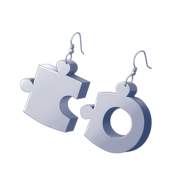 A pair of interlocking earrings designed to resemble puzzle pieces. Each earring features a unique, intricate shape that fits together with its counterpart. The surface of the earrings has a textured appearance, enhancing their three-dimensional quality. The earrings are suspended from delicate hooks, allowing them to dangle slightly. The design emphasizes the connection between the two pieces, capturing the essence of unity and playfulness.