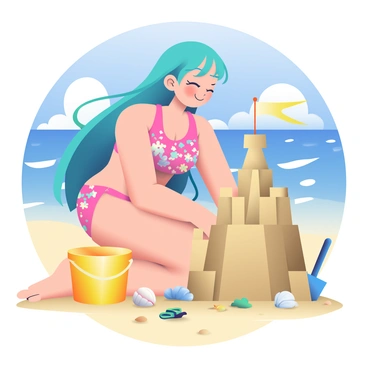 An anime girl with long, flowing blue hair is kneeling on the beach, focused on building an elaborate sandcastle. She is wearing a vibrant, pink swimsuit adorned with colorful patterns. Her sun-kissed skin glistens under the sunlight, and a cheerful expression is visible on her face. Next to her, there are various sand tools, including a yellow bucket and a blue spade, along with a small collection of seashells scattered around. The sandcastle she is constructing is detailed, featuring turrets and flags made of seaweed, with a moat forming around the base. In the background, gentle waves lap against the shore under a bright blue sky with fluffy white clouds.