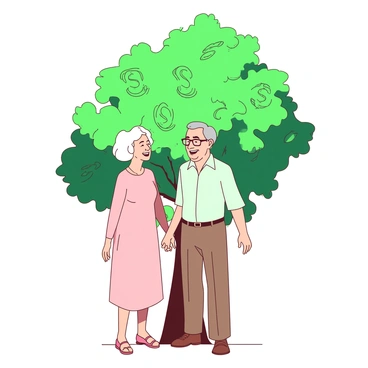 An elderly couple is standing hand in hand, both smiling warmly at each other. The man has gray hair and wears glasses, while the woman has short white hair and is dressed in a pastel-colored dress. Behind them, there is a large tree with vibrant green leaves that are shaped like dollar bills, representing the concept of life insurance savings. The couple's expressions convey joy and contentment as they enjoy their time together, with the tree symbolizing growth and security in the background.