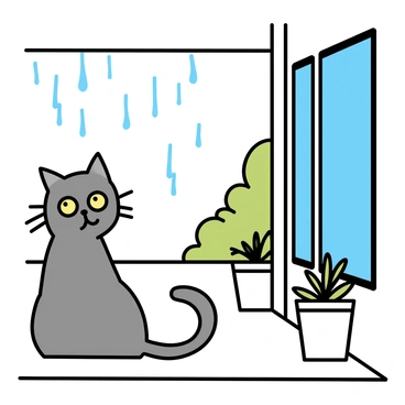 A grey tabby cat with bright green eyes, sitting comfortably on a wooden porch. The cat is gazing out at the rain, which is visibly falling in streaks against the backdrop of a blurred garden. The porch is decorated with potted plants, and the overhang provides a dry space for the cat. Water droplets are streaking down the windows beside the porch, enhancing the cozy atmosphere.