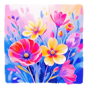 A close-up view of blooming flowers reveals an array of vivid colors including bright reds, deep purples, and cheerful yellows. The petals exhibit intricate textures and delicate details. Soft morning light illuminates the flowers, enhancing their freshness and creating gentle shadows. Dewdrops cling to the petals, adding a touch of sparkle. The background is softly blurred, emphasizing the vibrant flowers in the foreground.