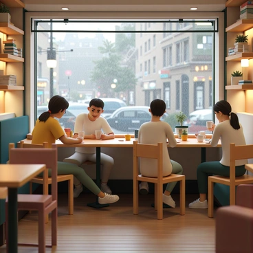 A cozy coffee shop interior in Dortmund, featuring wooden tables and comfortable chairs. The walls are adorned with shelves filled with books and small plants. Several people are seated at the tables, engaged in conversations while sipping various drinks, such as coffee and tea. Outside the large windows, raindrops are falling, and the street is glistening wet. Warm lighting creates a welcoming atmosphere, enhancing the feeling of comfort on this rainy day.