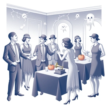 A lively 1920s Halloween party takes place in a spacious room adorned with spooky decorations. The walls are draped with cobwebs, and ghostly figures hang from the ceiling. Guests are dressed in period costumes that reflect the fashion of the 1920s; men wear pinstripe suits and fedoras, while women don flapper dresses with fringes and feathered headbands. Tables are set with black and white tablecloths, featuring carved pumpkins as centerpieces. A vintage gramophone stands in the corner, playing music that adds to the festive atmosphere. Lively interactions among the guests create a vibrant scene, with laughter and conversation filling the air.