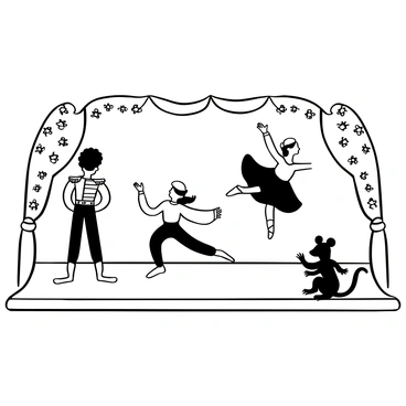 A stage filled with dancers in elaborate costumes performing in the Nutcracker ballet. One dancer is dressed as a toy soldier, standing tall with a confident posture. Another dancer, in a flowing tutu, gracefully leaps through the air. A third dancer, portraying a mouse, crouches with a dramatic flair. The backdrop features ornate decorations, enhancing the theatrical atmosphere. The floor of the stage is polished and reflects the dancers' movements, while trails of fabric and lace from costumes create a sense of motion.
