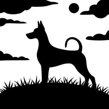 The silhouette of a doberman stands proudly on a hilltop, with its ears erect and tail held high. The setting sun creates a dramatic backdrop along the horizon, casting a stark contrast against the dog's outline. The sky is filled with various shades of darkness, while the sun's last rays create a circular shape where it meets the horizon. There are a few sparse clouds that catch the light, adding depth to the scene. The grass below the doberman sways gently in the breeze, further enhancing the serene atmosphere.