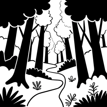 Tall trees with thick trunks and abundant foliage create a dense forest. Sunlight filters through the leaves, casting intricate patterns of light and shadow on the forest floor. A few scattered ferns and wildflowers grow among the underbrush. A light breeze causes some leaves to sway gently, creating a sense of movement throughout the scene. In the background, a narrow path leads deeper into the woods.