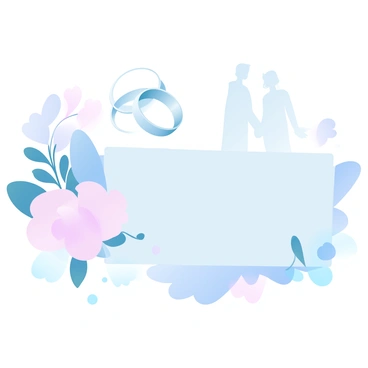 An elegant wedding voucher is displayed prominently. Overlaying the voucher are two wedding rings intertwined, symbolizing unity and love. To the side, there is a beautifully arranged bouquet of flowers in soft pastel colors. Behind the voucher, there is a silhouette of a bridal couple standing together, holding hands. The overall composition is harmonious and conveys a sense of celebration.