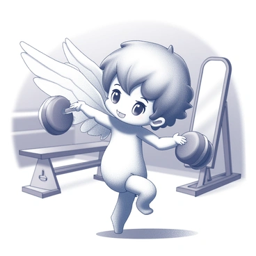 A cupid lifting weights in a gym with tiny dumbbells and a determined look