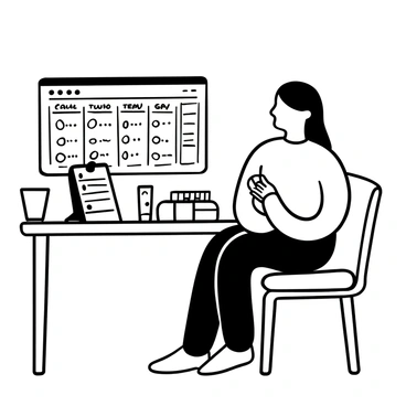 A person sitting at a wooden table, focused on a digital health monitor displaying a medication schedule. The monitor shows various sections with listed medications and times. Beside the monitor, there is a small notepad with handwritten notes and a pen. A glass of water sits next to the monitor, and a pill organizer is open beside it, revealing different compartments filled with pills. The setting is well-lit, suggesting a calm atmosphere for tracking health.