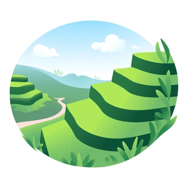 Lush green rice terraces cascading down a hillside, showcasing vibrant, tiered fields with varying shades of green. The rice plants are lush and healthy, reflecting the sunlight. In the background, a clear blue sky stretches overhead, with a few fluffy white clouds scattered. The hillside is dotted with small patches of tropical vegetation, adding to the richness of the landscape. The terraces are well-defined, creating a beautiful pattern as they follow the natural contours of the land.