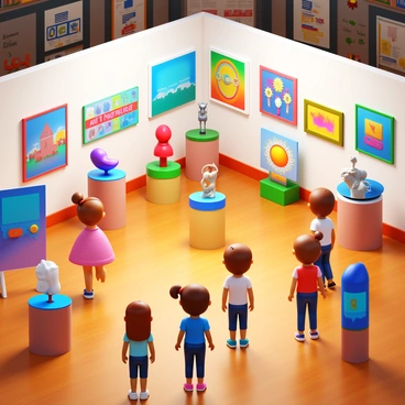 A 3D art exhibition in a school featuring various student artworks on display. The exhibition includes colorful paintings hanging on walls, vibrant sculptures positioned on pedestals, and interactive installations. Students are walking around, observing the artwork with expressions of curiosity and excitement. Bright lighting illuminates each piece, highlighting the details of the students' creativity. Banners with “Student Art Showcase” in bold letters are placed around the venue. The floor is made of polished wood, and the walls are decorated with educational posters related to art and creativity.