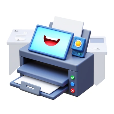 A printer with a grinning face displayed on its screen. The printer is positioned at a slight angle, showcasing its sleek design and control panel. It has a camera attached to the top, aimed outward as if taking a selfie. The background is a simple office environment with a desk and some scattered papers. The printer's refuse-to-print indicator is lit up, emphasizing its defiance.