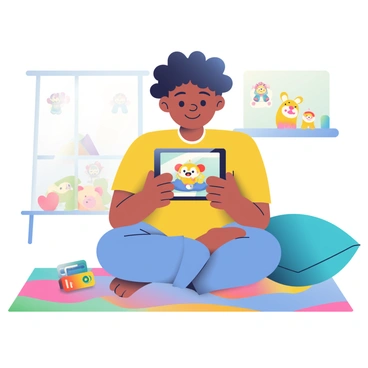 A child with light brown skin and curly black hair is sitting cross-legged on a soft, colorful rug. In their hands, they are holding a handheld gaming device displaying a vibrant screen showing a virtual pet. The pet is a small, cartoonish creature with big eyes and a cheerful expression. The child's face is illuminated by the glow of the screen, revealing a look of concentration and delight. Nearby, there is a small stack of colorful game cartridges and a bright blue pillow. The room is filled with playful decorations, including stuffed animals and wall stickers featuring various video game characters.