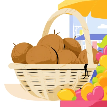 A woven basket made of light brown fibers is placed on a wooden stall in a market setting. The basket is overflowing with large, round, brown coconuts, some of which have fallen slightly out of the basket. The coconuts have rough, textured shells and are arranged in a casual manner. Surrounding the basket, there are colorful fruits such as oranges, bananas, and mangoes displayed on the stall. A bright blue sky is visible above the market, adding a lively atmosphere to the scene.