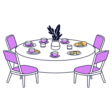 A round table covered with a white tablecloth, elegantly set for a tea party. On the table, there are delicate porcelain teacups arranged neatly beside matching saucers. The centerpiece features a small vase filled with striking black flowers, their petals contrasting against the white tablecloth. Surrounding the table are several chairs, each with soft cushions that match the decor. There are also small, decorative plates holding an assortment of finger sandwiches and pastries, beautifully displayed for guests.