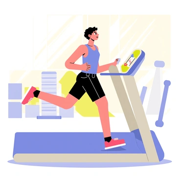 A person with short black hair wearing a bright blue tank top and black shorts is running on a silver treadmill. The treadmill has a digital console displaying a colorful heart rate monitor with a fluctuating heartbeat symbol. The background features a gym with various fitness equipment, including weights and exercise mats. Sunlight is streaming in through large windows, creating a vibrant atmosphere.
