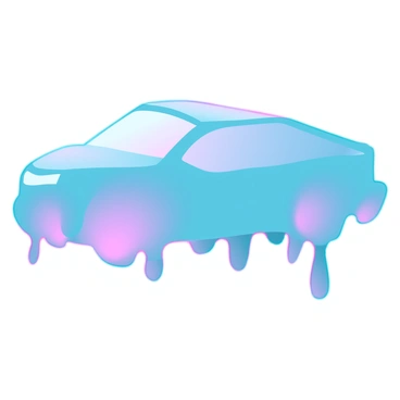 A car outline with smooth, rounded edges that appears to be melting, resembling liquid flowing downwards. The contours of the car's body are distorted, with sections drooping and stretching as if made of a thick, viscous material. The surface reflects light unevenly, creating an impression of a glossy, wet texture. The colors blend seamlessly into each other, creating a gradient effect reminiscent of liquid shades. The ground beneath the car is slightly warped, suggesting a pooling effect where the car meets the surface.