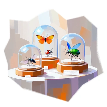 A museum exhibit showcasing a collection of insect specimens displayed under glass domes. Each dome contains a different insect, including a bright green beetle, a delicate butterfly with vivid blue wings, a large dragonfly with intricate patterns, and a colorful ladybug. The insects are arranged on wooden shelves, and labels with scientific names are affixed beneath each dome. The overall setting is well-lit, highlighting the details of the insects as they rest within their glass enclosures.