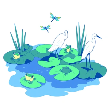 A blue wetland is filled with various frogs perched on large green lily pads. Among the pads, there are several tall reeds swaying gently. A white heron stands gracefully at the water's edge, poised with its head turned, surveying the area. In the air above, colorful dragonflies zip around, their wings glistening in the light. The water reflects the vibrant greenery and the subtle movements of the wildlife throughout this peaceful habitat.