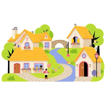 A fairytale village featuring several charming cottages with thatched roofs and brightly colored walls. Each cottage is adorned with whimsical details such as flower boxes overflowing with vibrant flowers and intricate carvings on the wooden doors. The streets are lined with cobblestones, and winding pathways lead through the village. Lanterns hang from posts, casting a warm glow, and trees with lush green foliage provide shade. In the background, a small stone bridge arches over a gentle stream, and cheerful villagers can be seen going about their day.